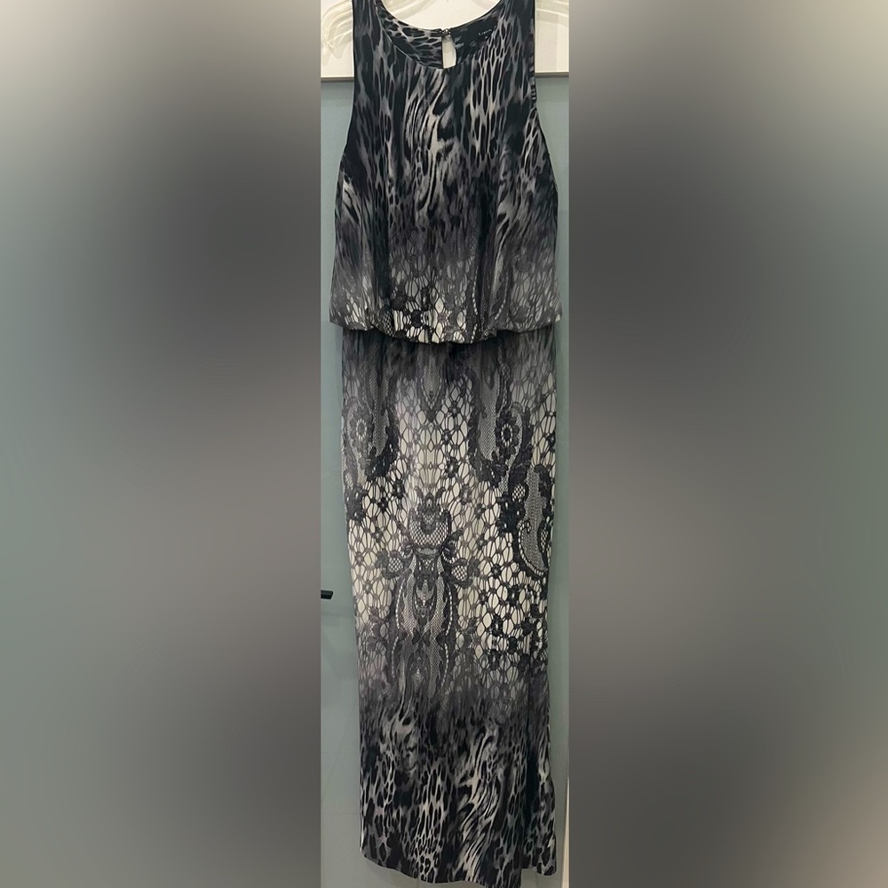 S-TWELVE WHITE & FADED GRAY PRINT SLEEVELESS MAXI DRESS SIZE L